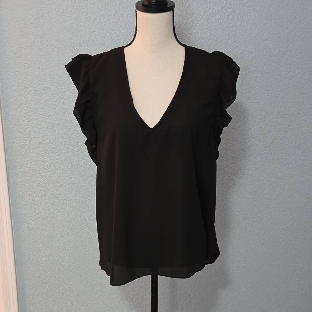VERONICA M Sleeveless V Neck Tank Top With Ruffles In Black Sz XL